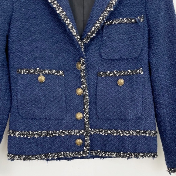 Zara Woman Blue Navy Frayed Tweed Knit Blazer Size Xsmall - Picture 6 of 16